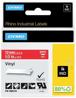 Labeltape Dymo Rhino industrieel vinyl 12mm wit op rood de DYMO – photo produit 2 sur 2