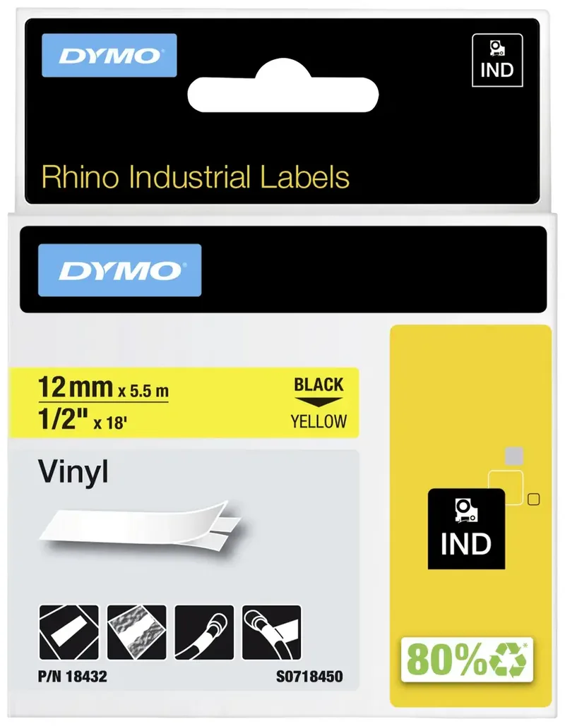 Labeltape Dymo Rhino industrieel vinyl 12mm zwart op geel de DYMO – photo produit 2 sur 2
