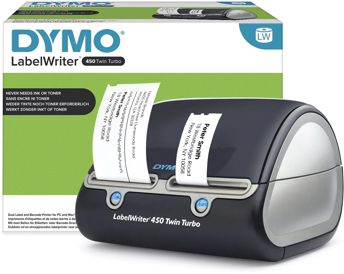 LabelWriter 450 Twin Turbo-labelmaker | Directe thermische labelprinter | Snel afdrukken van labels, barcodes en meer | Computerverbinding | Voor thuis en op kantoor van DYMO in Zwart – productfoto