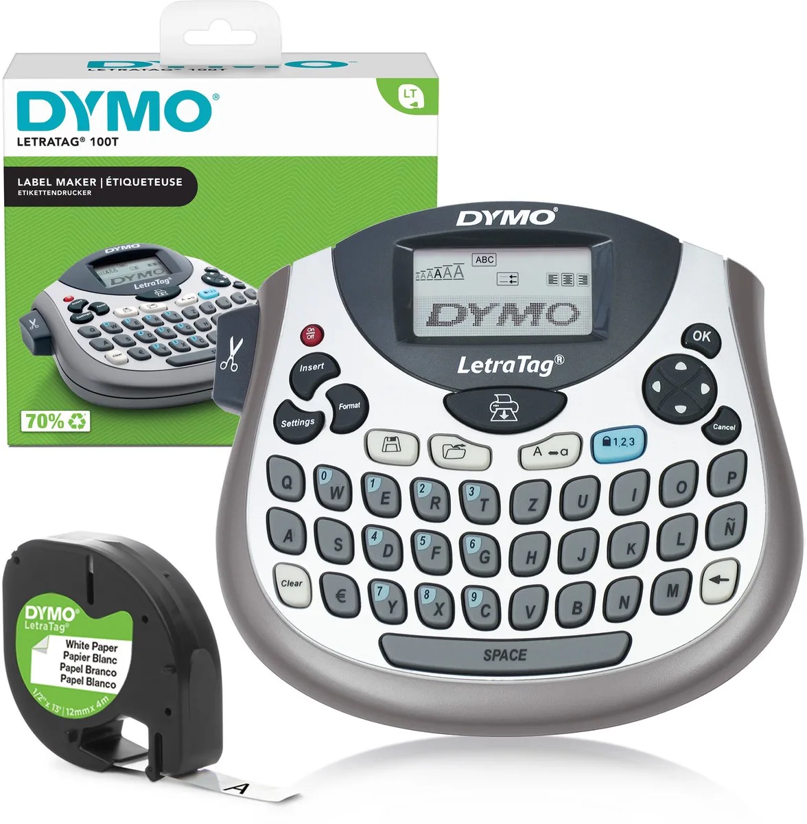 LetraTag LT-100T-labelmaker | Draagbare labelprinter met QWERTZ-toetsenbord | Ideaal voor op kantoor of thuis van DYMO in Zilver – productfoto