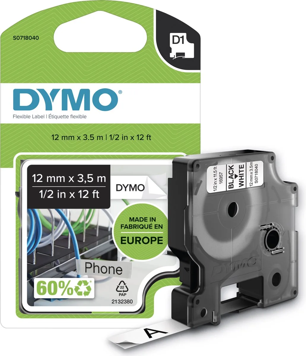 originele D1 Duurzame flexibele nylon labels | Zwarte Tekst op Wit Label | 12 mm x 3,5 m | zelfklevende etiketten voor de LabelManager labelprinter | gemaakt in Europa van DYMO in Zwart op Wit Nylon – productfoto