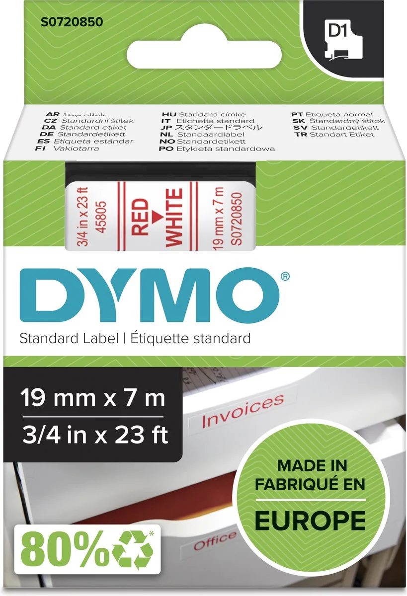 originele D1 labels | Rode Tekst op Wit Label | 19 mm x 7 m | zelfklevende etiketten voor de LabelManager labelprinter | gemaakt in Europa van DYMO in Rood op Wit – productfoto