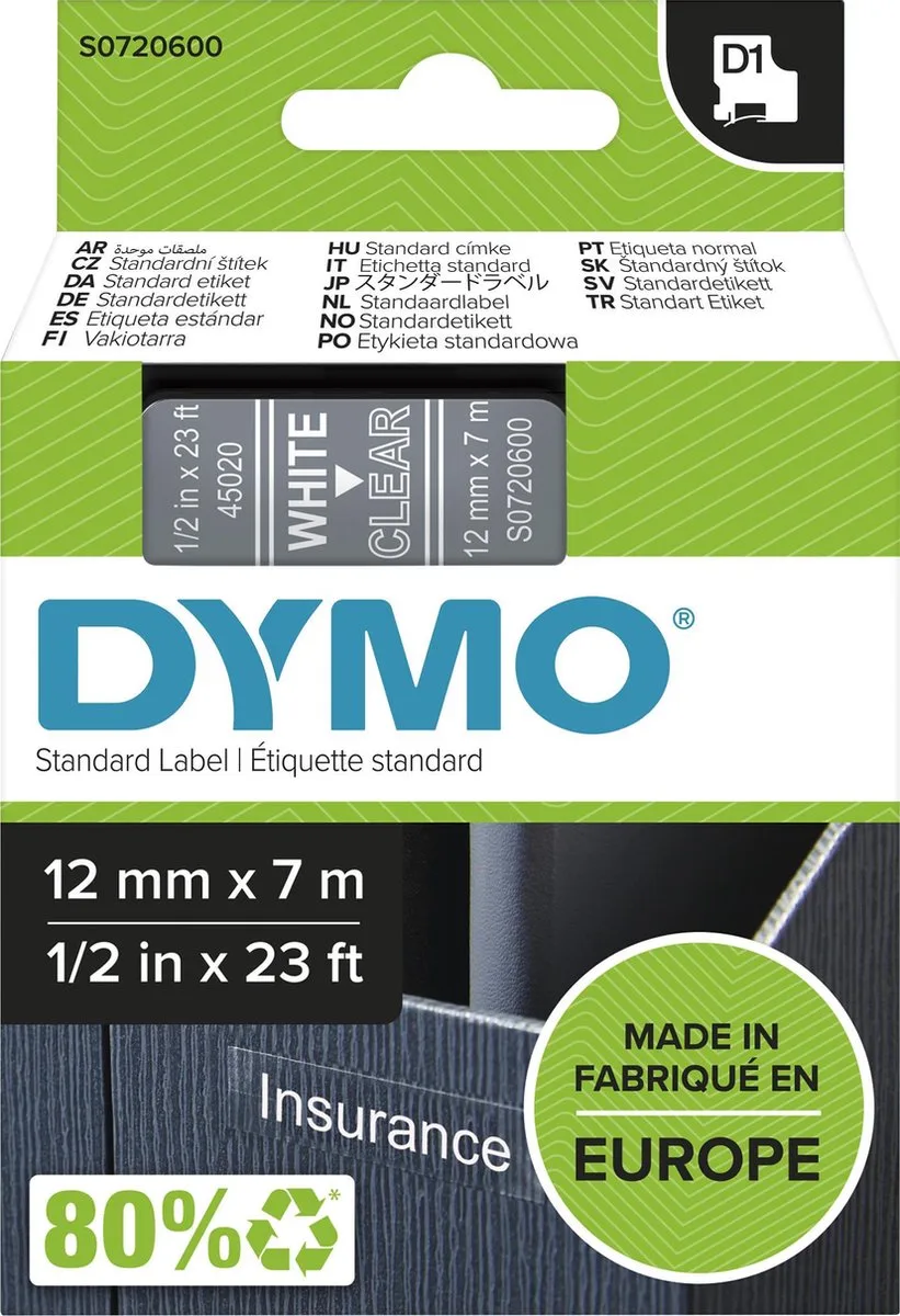 originele D1 labels | Witte Tekst op Doorzichtig Label | 12 mm x 7 m | zelfklevende etiketten voor de LabelManager labelprinter | gemaakt in Europa von DYMO in Wit op Doorzichtig – Produktfoto