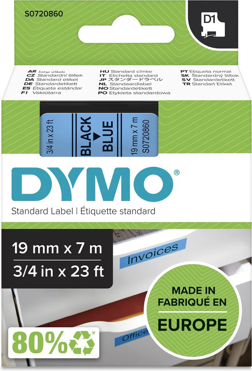 originele D1 labels | Zwarte Tekst op Blauw Label | 19 mm x 7 m | zelfklevende etiketten voor de LabelManager labelprinter | gemaakt in Europa de DYMO en Zwart op Blauw – photo produit