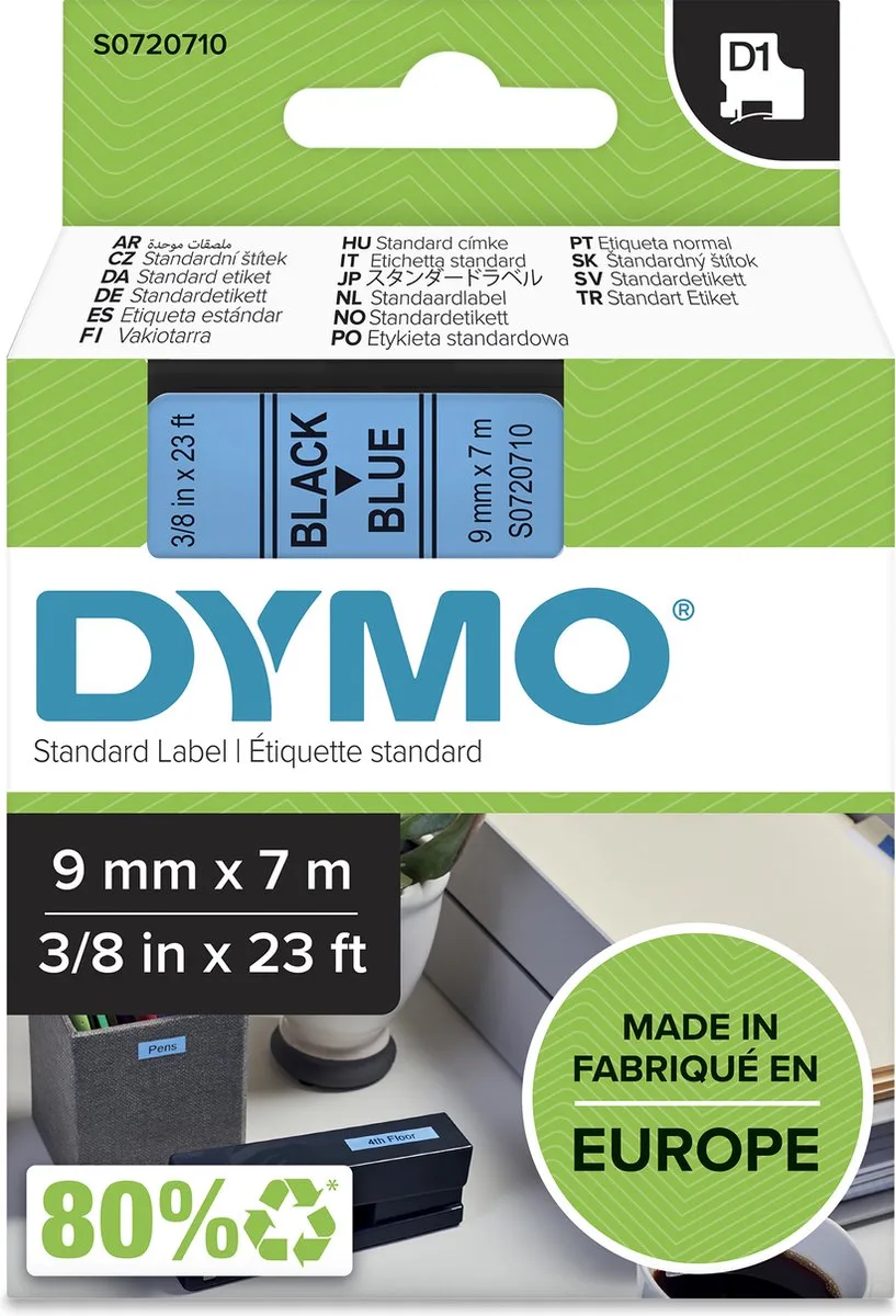 originele D1 labels | Zwarte Tekst op Blauw Label | 9 mm x 7 m | zelfklevende etiketten voor de LabelManager labelprinter | gemaakt in Europa de DYMO en Zwart op Blauw – photo produit