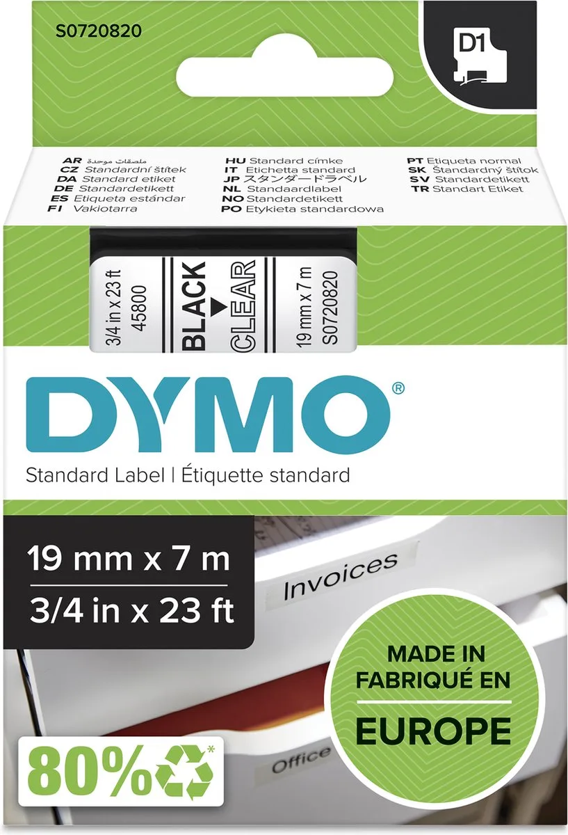 originele D1 labels | Zwarte Tekst op Doorzichtig Label | 19 mm x 7 m | zelfklevende etiketten voor de LabelManager labelprinter | gemaakt in Europa von DYMO in Zwart op Doorzichtig – Produktfoto