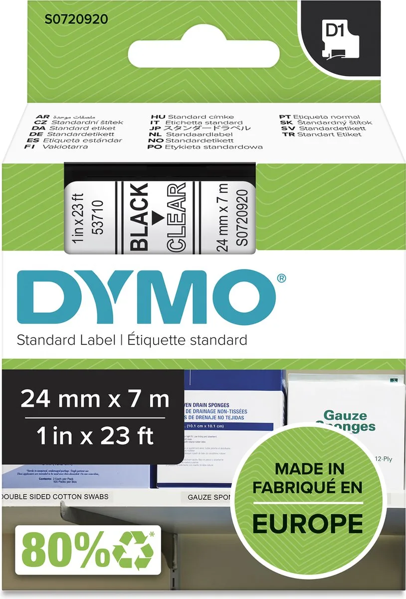 originele D1 labels | Zwarte Tekst op Doorzichtig Label | 24 mm x 7 m | zelfklevende etiketten voor de LabelManager labelprinter | gemaakt in Europa von DYMO in Zwart op Doorzichtig – Produktfoto