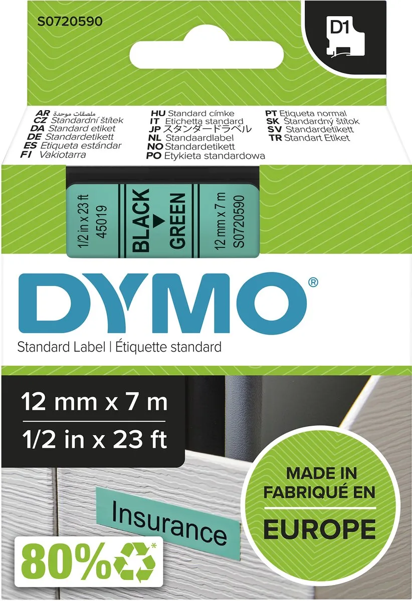 originele D1 labels | Zwarte Tekst op Groen Label | 12 mm x 7 m | zelfklevende etiketten voor de LabelManager labelprinter | gemaakt in Europa von DYMO in Zwart op Groen – Produktfoto