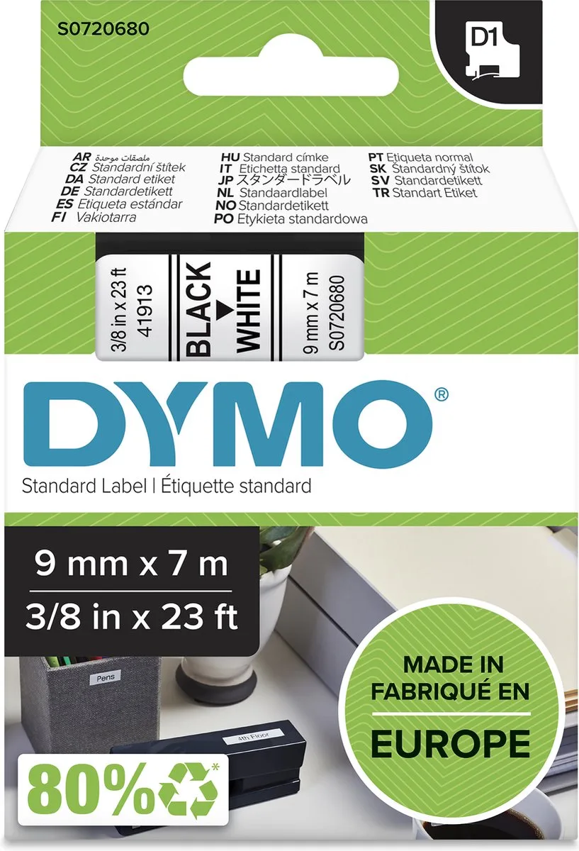 originele D1 labels | Zwarte Tekst op Wit Label | 9 mm x 7 m | Zelfklevende etiketten voor de LabelManager labelprinter | gemaakt in Europa från DYMO i Zwart op Wit – produktbild
