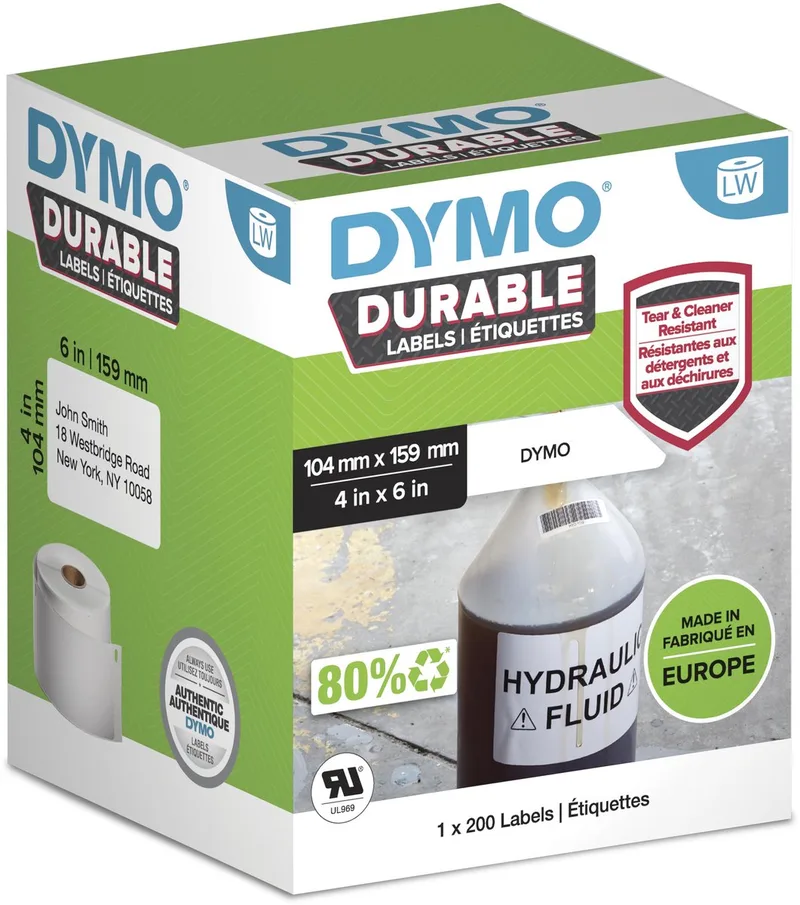 originele Duurzame LabelWriter labels | 104 mm x 159 mm | Witte Poly | 200 grote zelfklevende etiketten | Stevige labels voor de LabelWriter labelprinters by DYMO in White – product photo 1 of 2