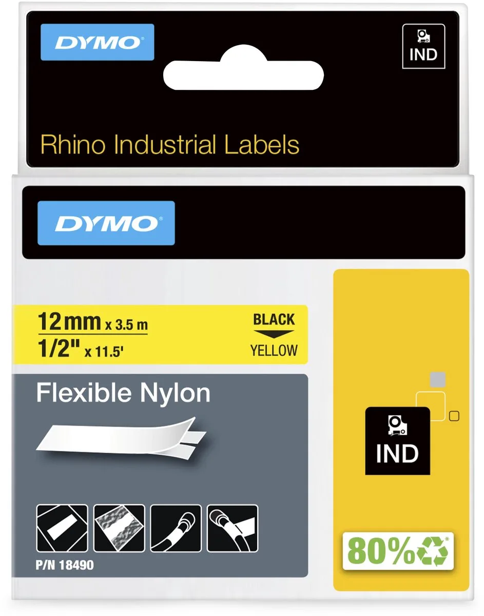 Rhino industriële Flexibele Nylon Labels | 12 mm x 3,5 m | zwarte afdruk op geel | zelfklevende labels voor Rhino & LabelManager labelprinters van DYMO in Zwart op Geel – productfoto