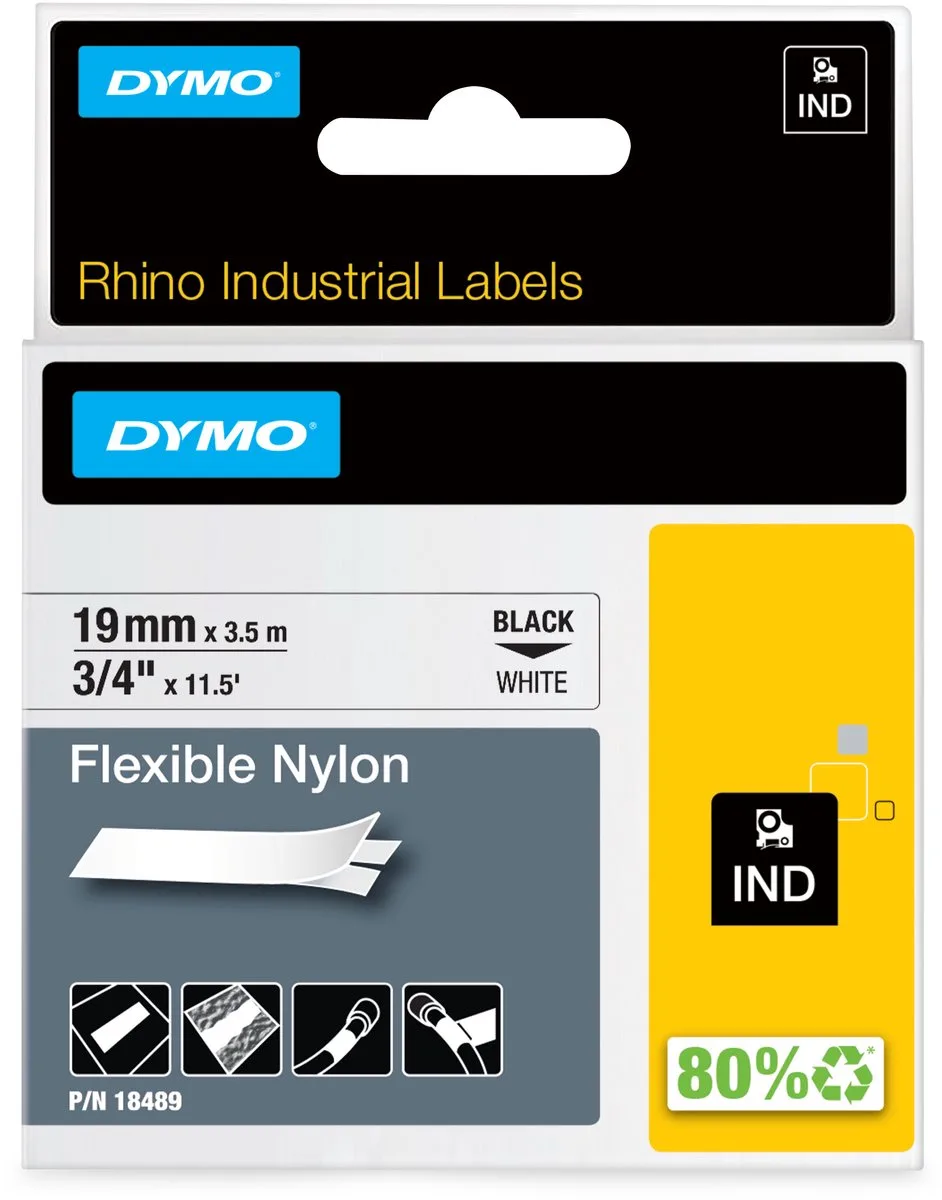 Rhino industriële Flexibele Nylon Labels | 19 mm x 3,5 m | zwarte afdruk op wit | zelfklevende labels voor Rhino & LabelManager labelprinters von DYMO in Zwart op Wit – Produktfoto