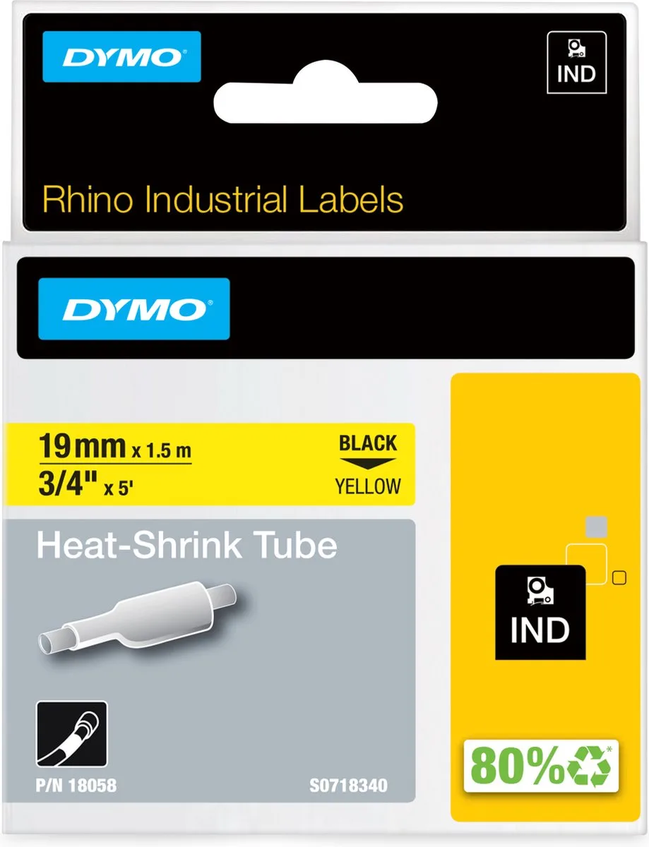 Rhino industriële Heat-Shrink Tube-labels | 19 mm x 1,5 m | zwarte afdruk op geel | voor Rhino labelprinters van DYMO in Zwart op Geel – productfoto