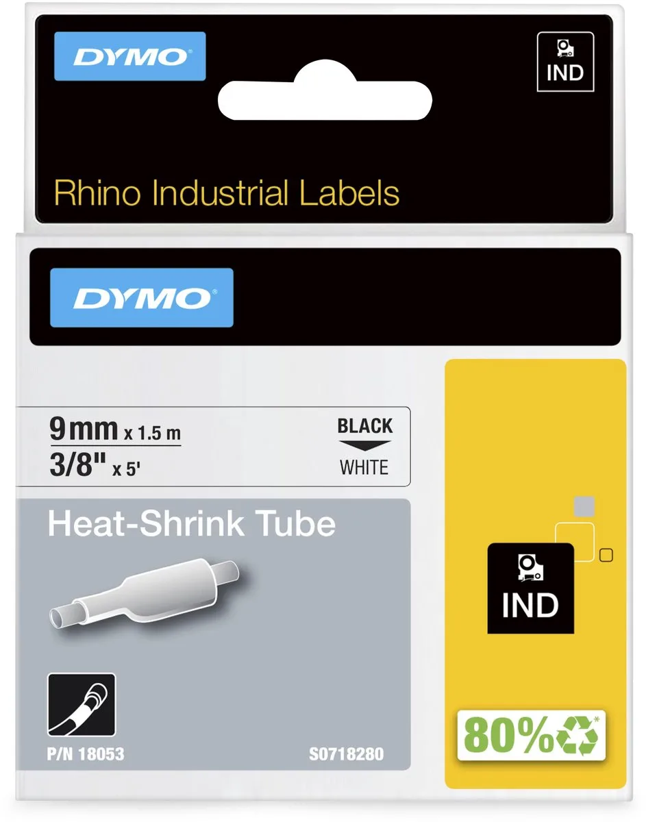 Rhino industriële Heat-Shrink Tube-labels | 9 mm x 1,5 m | zwarte afdruk op wit | voor Rhino labelprinters von DYMO in Zwart op Wit – Produktfoto