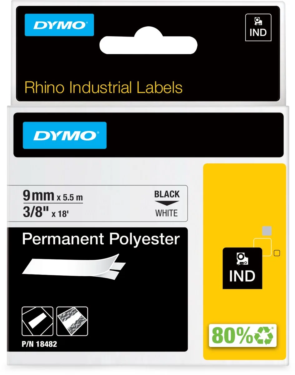 Rhino industriële labels | Permanent Polyester | 9 mm x 3,5 m | zwarte afdruk op wit | zelfklevende labels voor Rhino & LabelManager labelprinters de DYMO en Zwart op Wit – photo produit