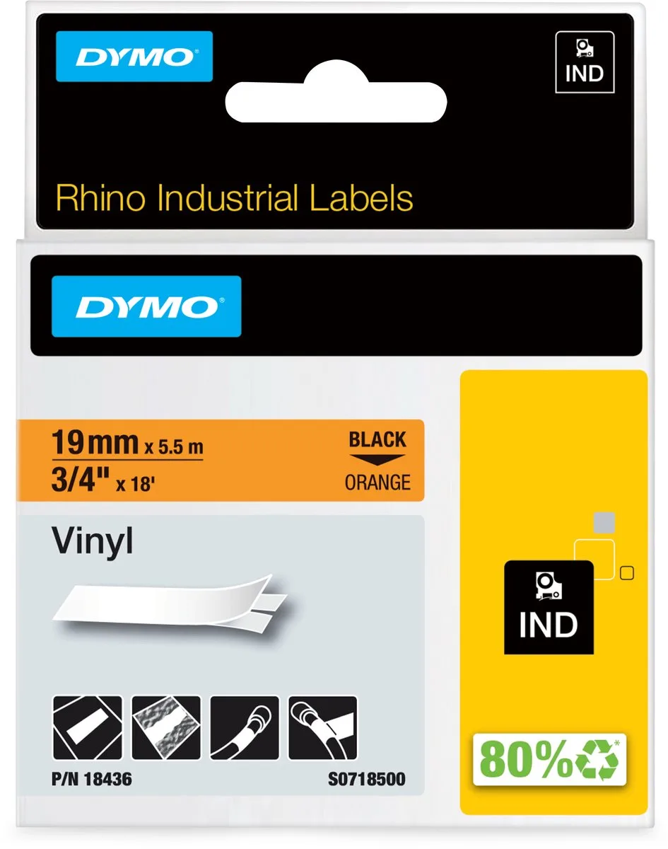 Rhino industriële Vinyl Labels | 19 mm x 5,5 m | zwarte afdruk op oranje | zelfklevende labels voor Rhino & LabelManager labelprinters van DYMO in Zwart op Oranje – productfoto