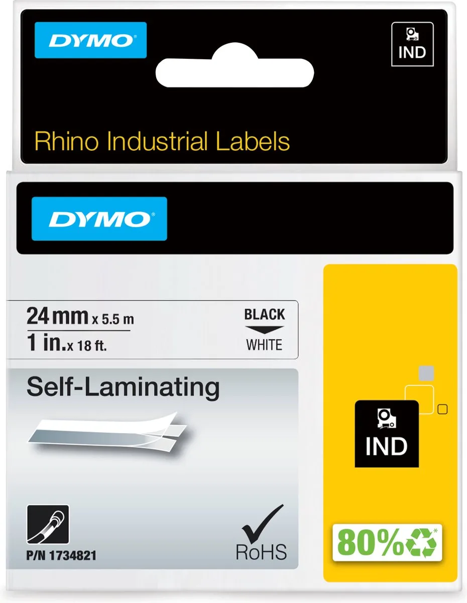 Rhino industriële Zeflaminerende labels | 24 mm x 5,5 m | zwarte afdruk op | voor Rhino labelprinters van DYMO in Wit – productfoto
