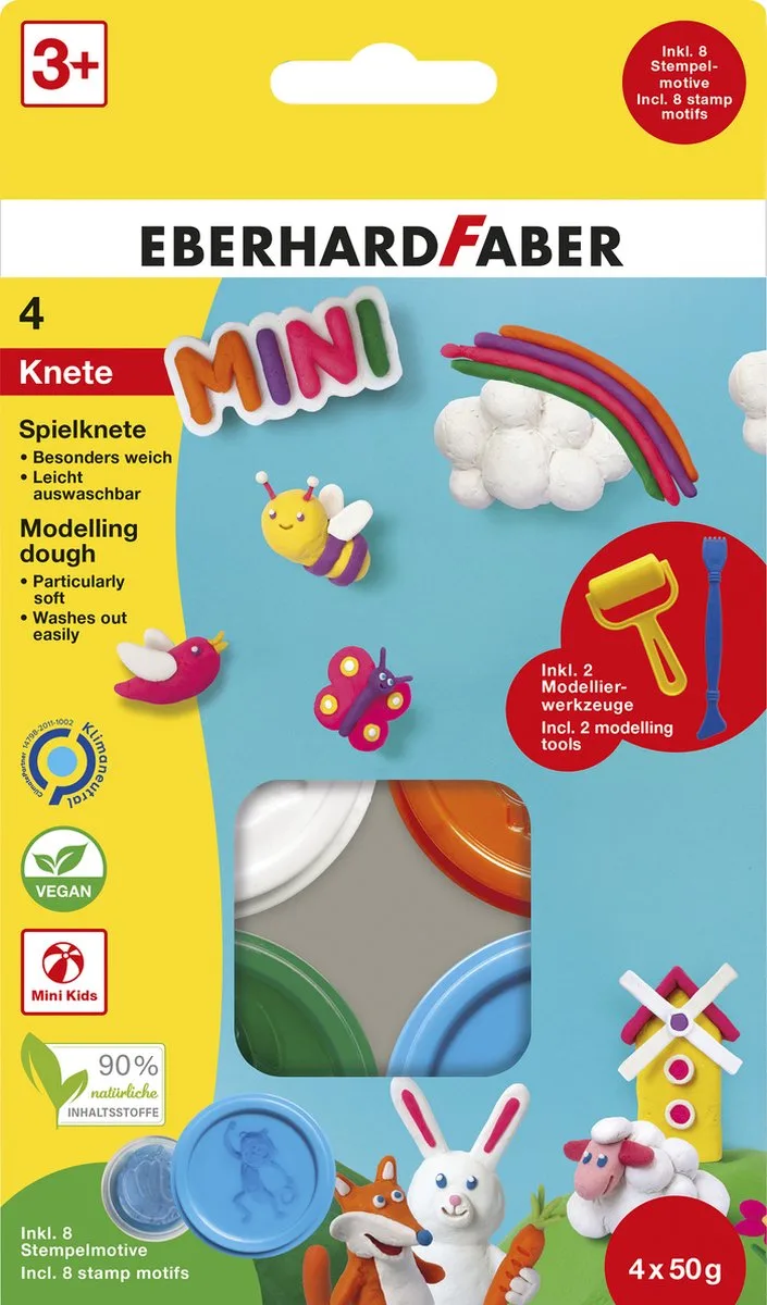 kinderklei - basic set 4 bekers á 50gram met roller en spatel - EF-572516 von Eberhard Faber in Basiskleuren, Weiß, Orange, Grün, Lichtblauw. – Produktfoto