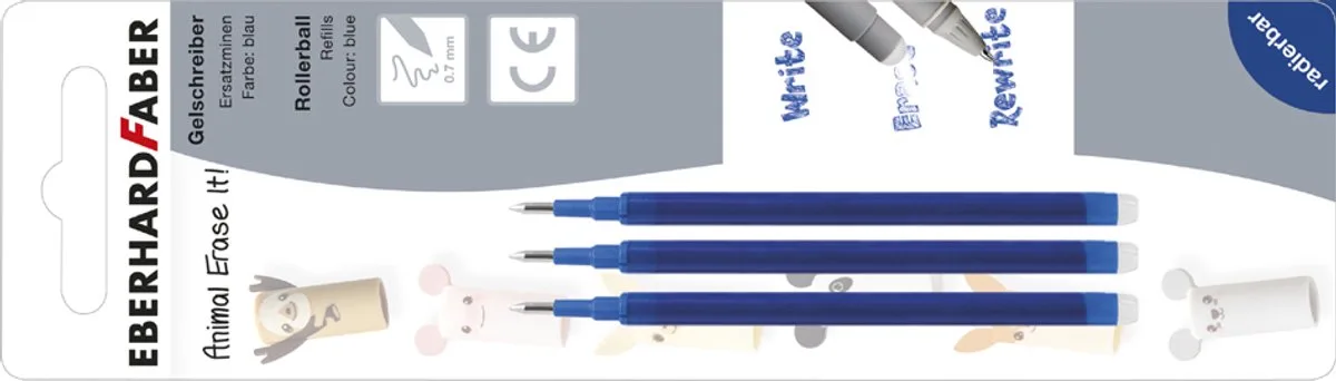 rollervulling gelpen - Animal Erase-it - 3 stuks op blister - vulling voor uitwisbare pen - EF-582153 van Eberhard Faber in Blauw – productfoto