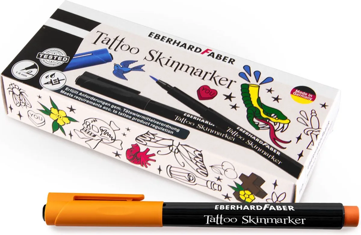 Tattoo Skinmarker Soft Brush Orange Box met 10 Stuks | Tattoo, PMU, Wimper, Browmapping Pen | Skin Marker | Tatoeage Ontwerpen Stift | Stencil Papier | Schets Pen | Lining | Shading | Waterdicht | Artist | Professioneel & Premium van Eberhard Faber – productfoto