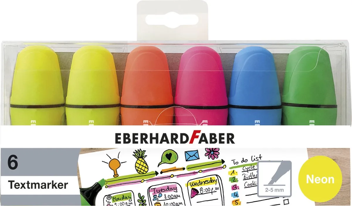 tekstmarker mini - etui 6 stuks - markeerstift - EF-551414 van Eberhard Faber in 2x geel, Roze, Oranje, Blauw en groen. – productfoto