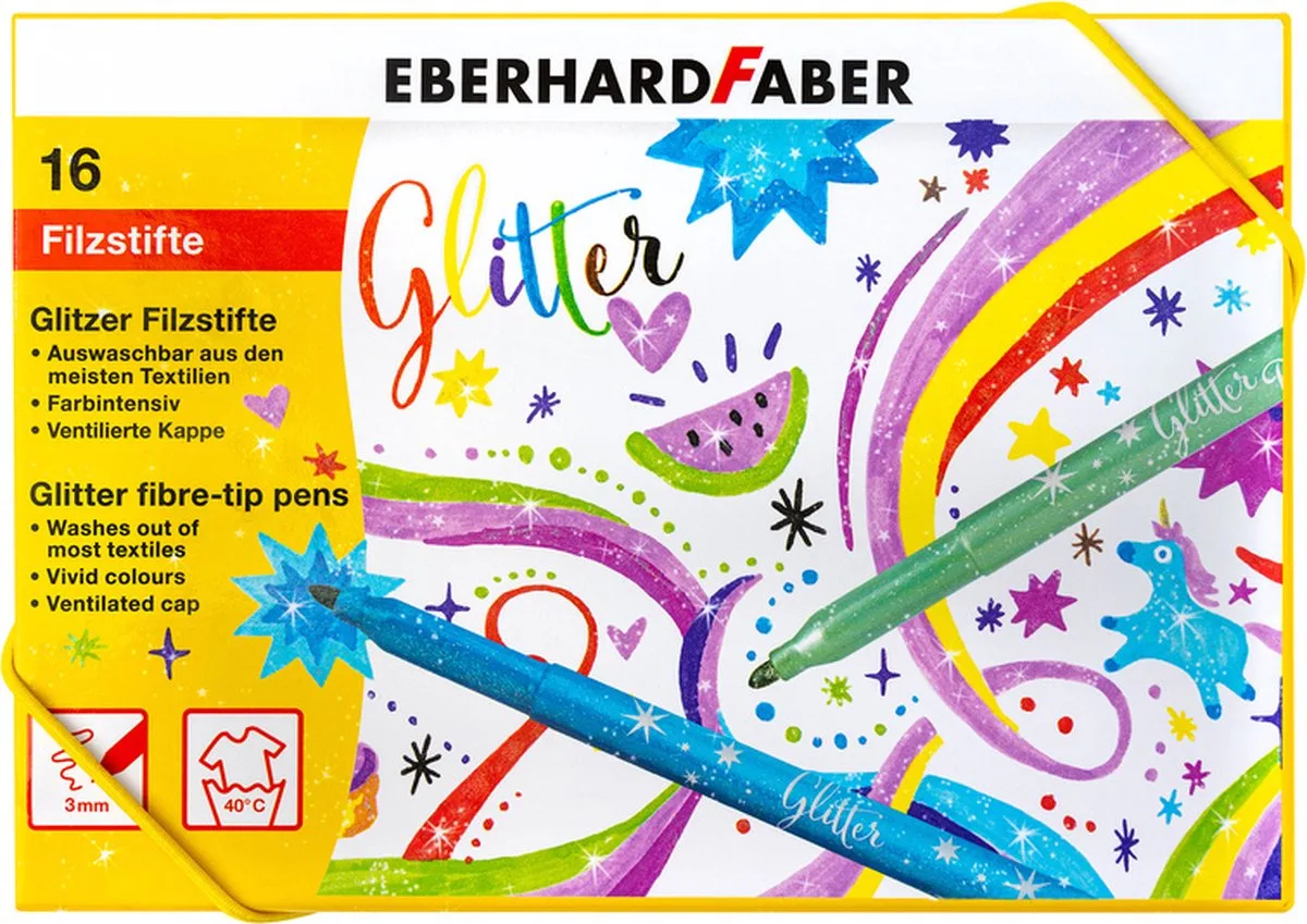 viltstiften - Glitter - doos 16 kleuren - uitwasbaar - EF-551016 van Eberhard Faber in Assorti – productfoto