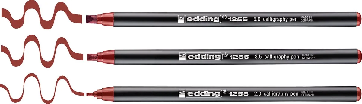 edding 1255 kalligrafiestift - 3 stiften - kalligrafiepunt 2 - 5 mm - stift voor papier, hout, terracotta, linnen - voor beginners, handlettering, bullet journal, wenskaarten, dagboek fra edding i Karmijn – produktbillede