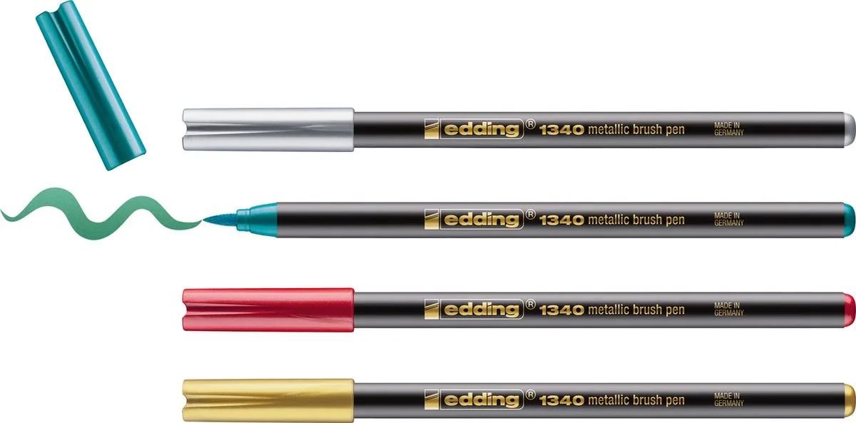 edding 1340 metallic penseelstift – kerstset – 4 stiften – flexibele penseelpunt 1-6 mm – metallic stift voor lettering, tekenen en schetsen – hoge dekkracht, zelfs op donkerder papier fra edding i Guld, Sølv, Rood-metallic, Groen-metallic – produktbillede