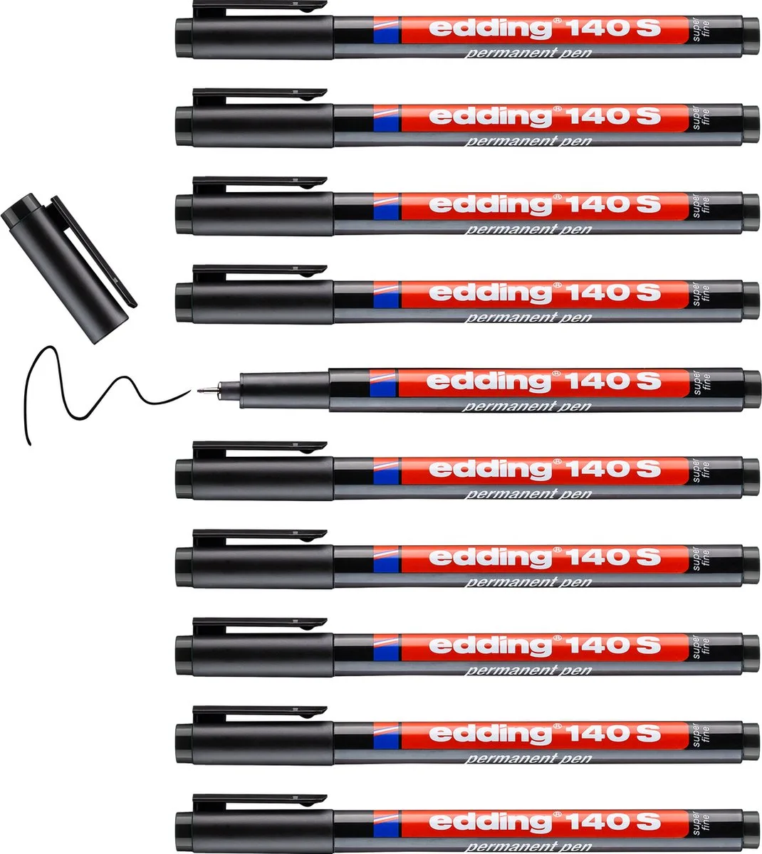 edding 140 S permanente pen - 10 stiften - ronde punt 0 3 mm - pen voor schrijven op glas plastic folies en gladde oppervlakken - permanent sneldrogend veegvast en watervast fra edding i Sort – produktbillede