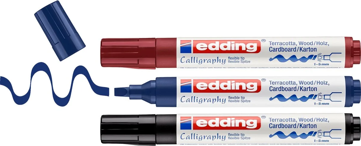 edding 1455 kalligrafiemarker - set van 3 - zwart,staalblauw,karmijn - flexibele kalligrafiepunt 1-5 mm - stift voor papier, hout, linnen - voor beginners, handlettering, bullet journal by edding in Black – product photo