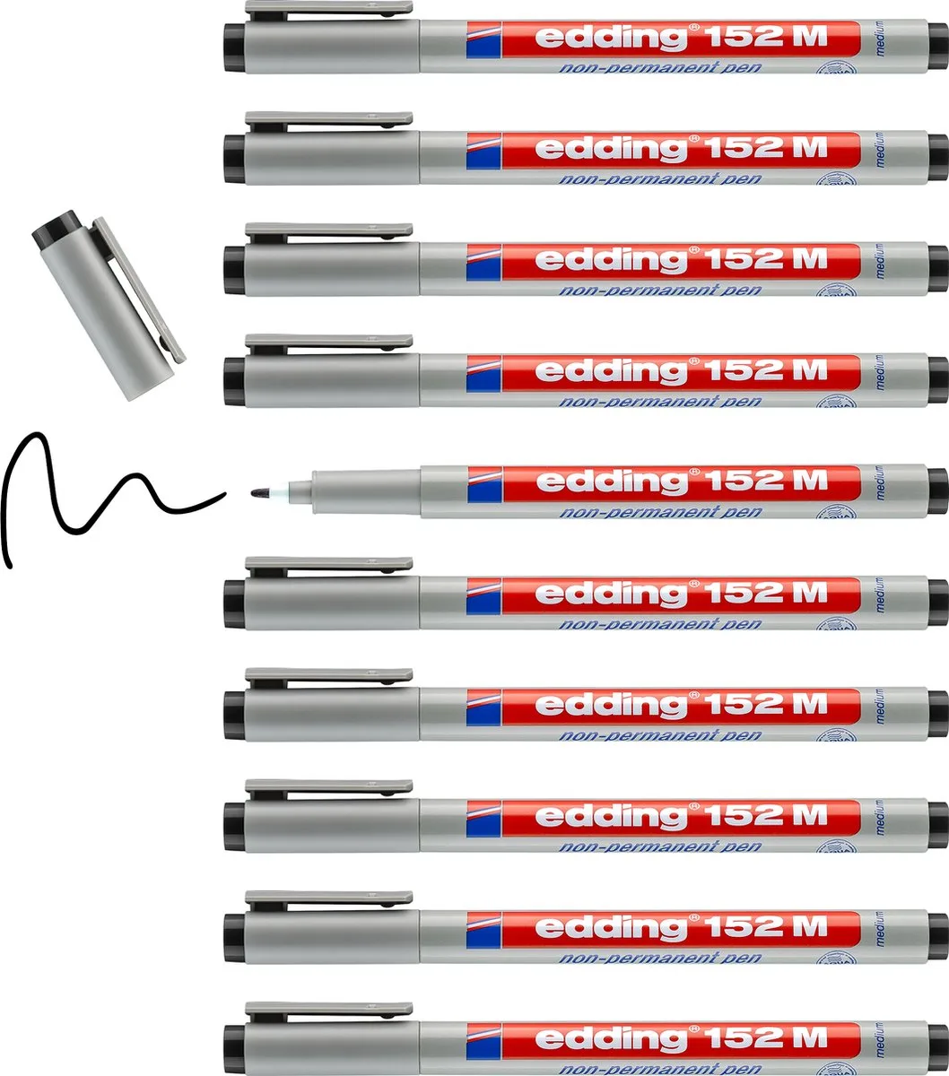 edding 152 M Non-permanent pen - doosje van 10 stuks - ronde punt 1 mm - schrijfstift voor glas, kunststof, folie en gladde oppervlakken - sneldrogend, met water corrigeerbaar fra edding i Sort – produktbillede
