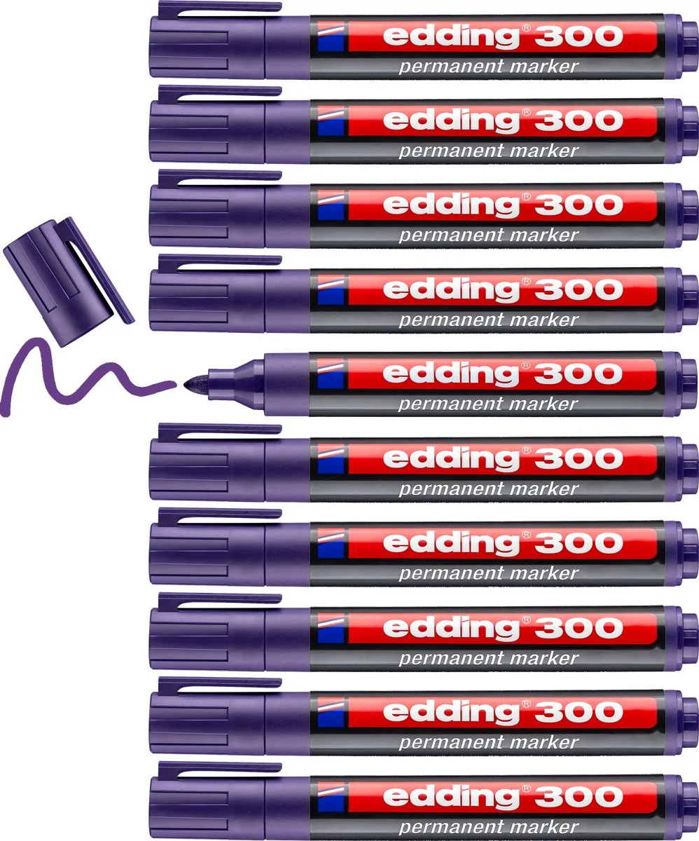 edding 300 permanent marker - 10 stiften - ronde punt 1,5-3 mm - watervast, sneldrogend - wrijfvast - voor karton, kunststof, hout, metaal, glas van edding in Paars – productfoto