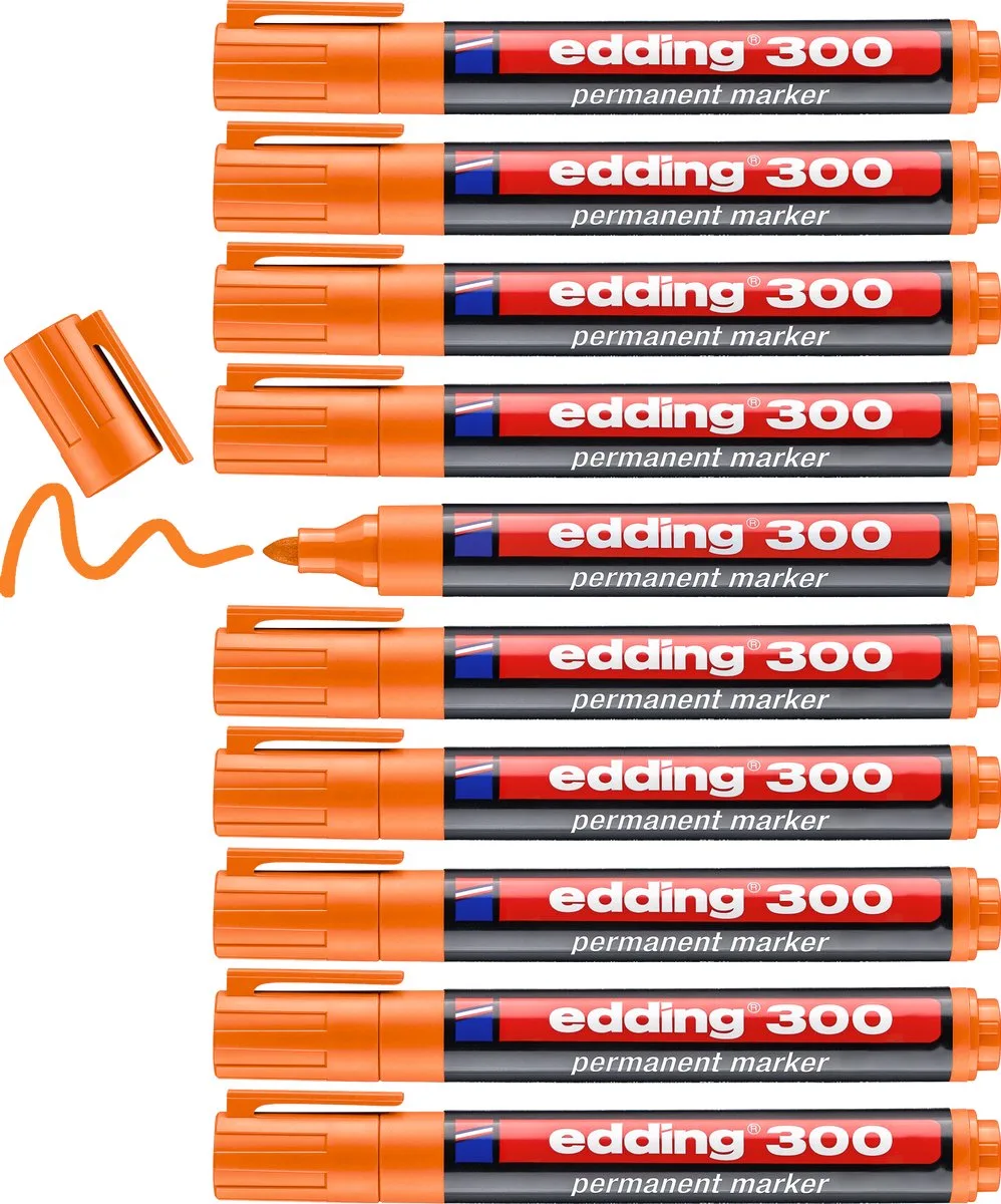 edding 300 permanent marker - 10 stiften - ronde punt 1,5-3 mm - watervast, sneldrogend - wrijfvast - voor karton, kunststof, hout, metaal, glas de edding en Orange – photo produit