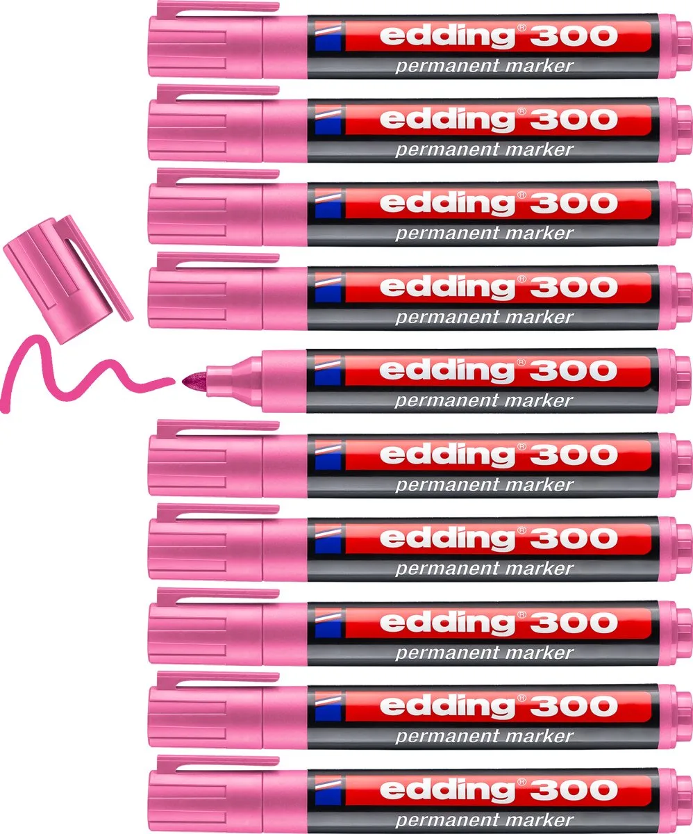 edding 300 permanent marker - 10 stiften - ronde punt 1,5-3 mm - watervast, sneldrogend - wrijfvast - voor karton, kunststof, hout, metaal, glas van edding in Roze – productfoto