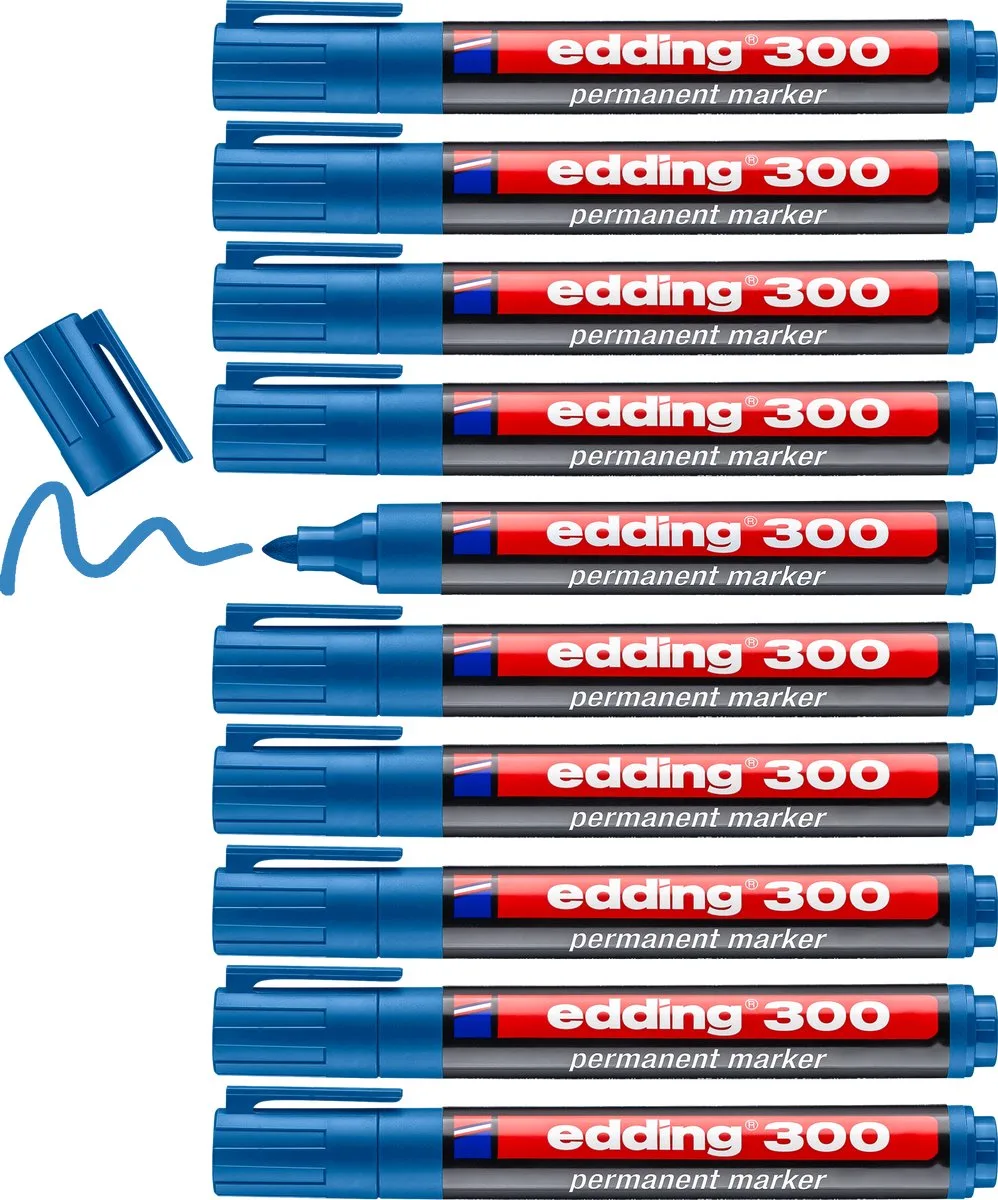 edding 300 permanent marker - 10 stiften - ronde punt 1,5-3 mm - watervast, sneldrogend - wrijfvast - voor karton, kunststof, hout, metaal, glas van edding in Lichtblauw – productfoto