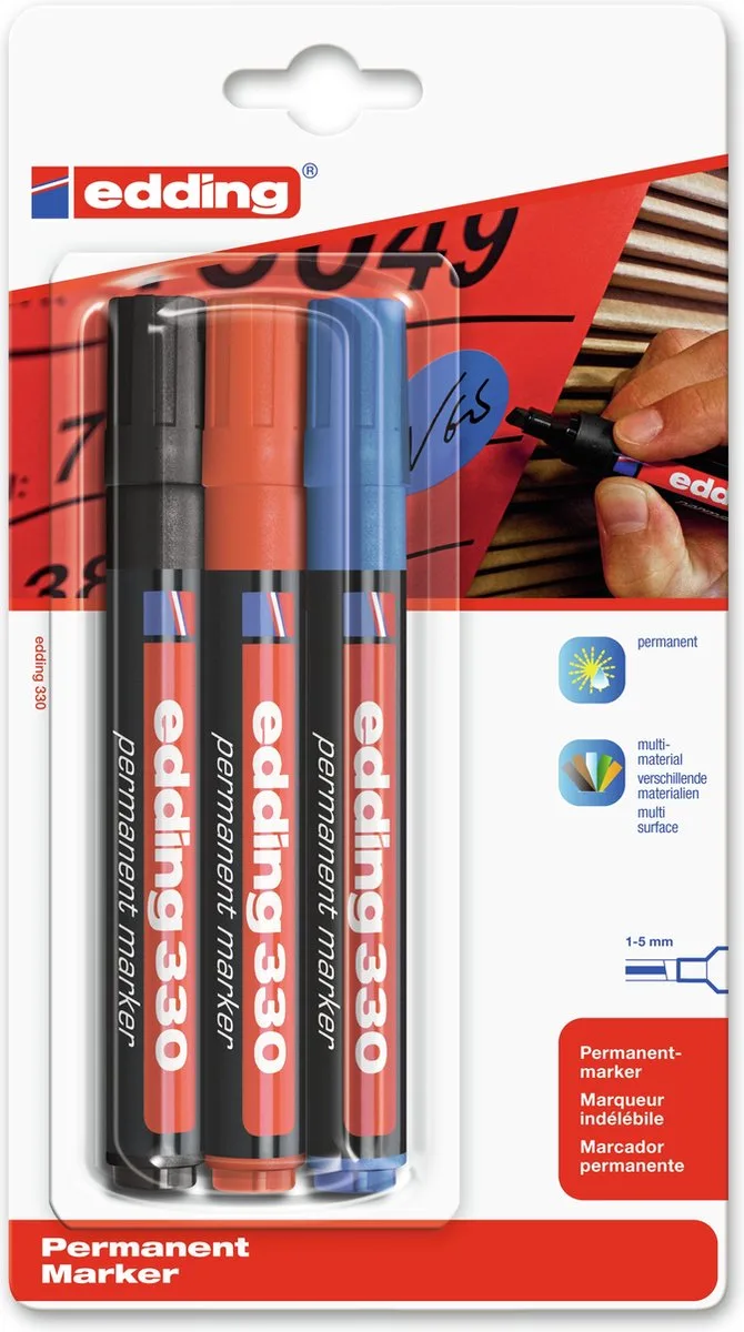 Edding 330 Permanent Marker Set - 3 Basis Kleuren - Waterbestendig van edding in Meerkleurig – productfoto