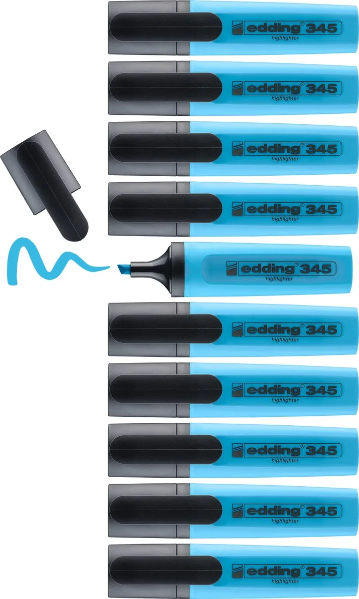 edding 345 highlighter - 10 markeerstiften - beitelpunt 2-5 mm - ideaal voor heldere markeringen en accentuering van tekstfragmenten en notities de edding en Bleu clair – photo produit