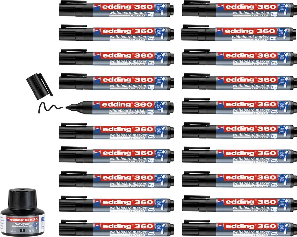 edding 360/20 S whiteboardmarker en navulinkt - ronde punt - 1,5-3 mm - doos met 20 markers en potje navulinkt de edding en Noir – photo produit