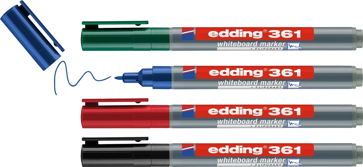edding 361/4 S boardmarker set - assorti 4 stuks: rood, blauw, groen - 1mm de edding en Noir – photo produit