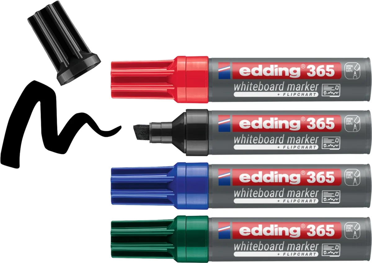 edding 365/4 S boardmarker set - zwart/blauw/rood/groen - beitelvormige punt 2-7 mm - geschikt voor whiteboard en flipchart de edding en Noir, Rouge, Bleu, Vert – photo produit