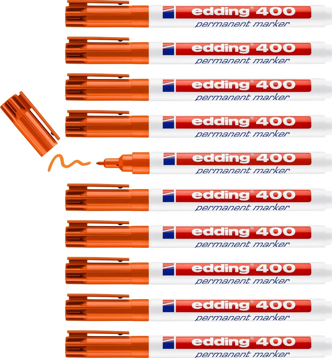 edding 400 permanent marker - 10 stiften - ronde punt 1 mm - watervast, sneldrogend - wrijfvast - voor karton, kunststof, hout, metaal, glas de edding en Orange – photo produit