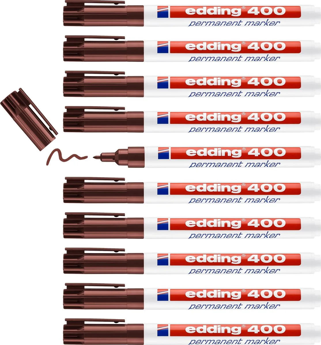 edding 400 permanent marker - 10 stiften - ronde punt 1 mm - watervast, sneldrogend - wrijfvast - voor karton, kunststof, hout, metaal, glas de edding en Marron – photo produit