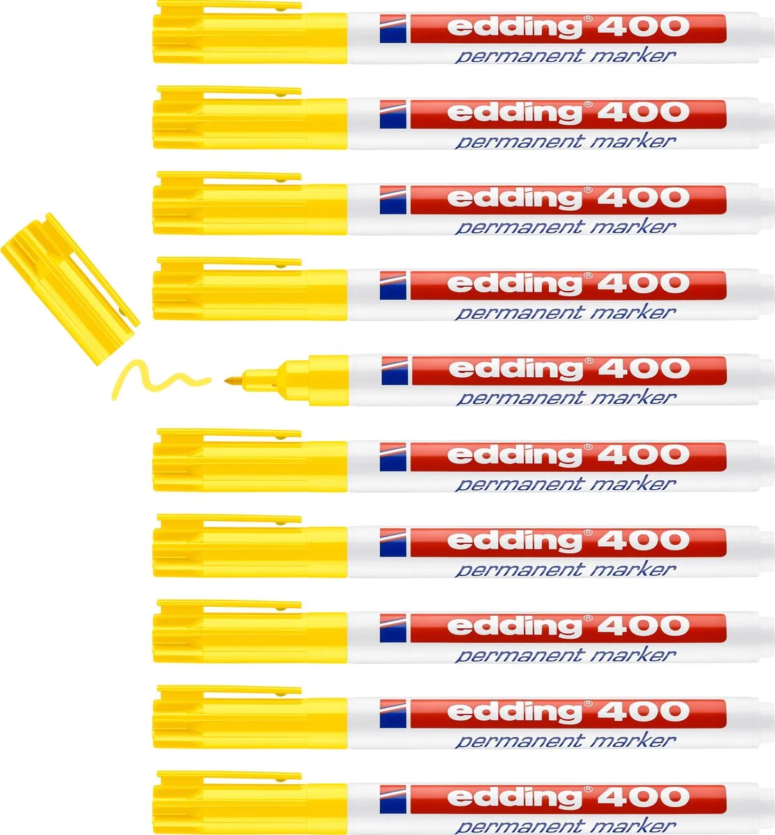 edding 400 permanent marker - 10 stiften - ronde punt 1 mm - watervast, sneldrogend - wrijfvast - voor karton, kunststof, hout, metaal, glas de edding en Jaune – photo produit