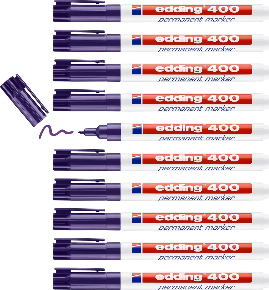 edding 400 permanent marker - 10 stiften - ronde punt 1 mm - watervast, sneldrogend - wrijfvast - voor karton, kunststof, hout, metaal, glas de edding en Violet – photo produit