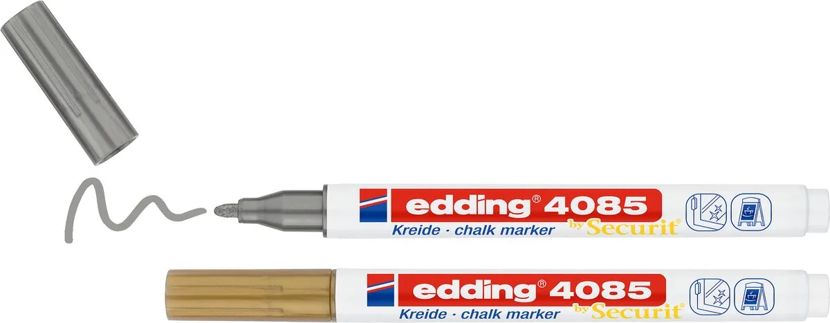 edding 4085 krijtmarker - 2 raamstiften - goud en zilver - krijtstift voor borden, ruiten, glas - ronde punt 1-2 mm - afwasbaar - uitwisbaar de edding en Or, Argent – photo produit