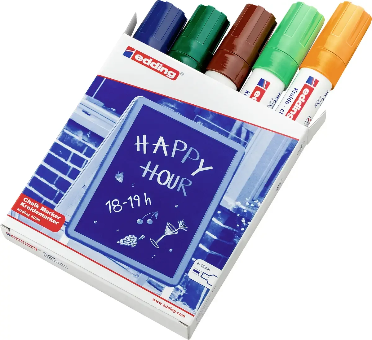 Edding 4090 4-4090099 Marqueur craie bleu, vert, marron, vert clair, orange fluorescent 4 mm, 15 mm de edding – photo produit