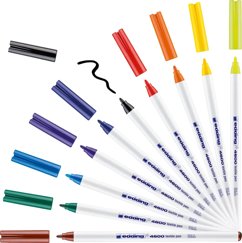 edding 4600 textielstift - doos à 10 kleuren - ronde punt 1 mm - kleding versieren - permanente textielstiften voor het tekenen op textiel, wasbestendig tot 60 °C - textielstift de edding en Noir – photo produit