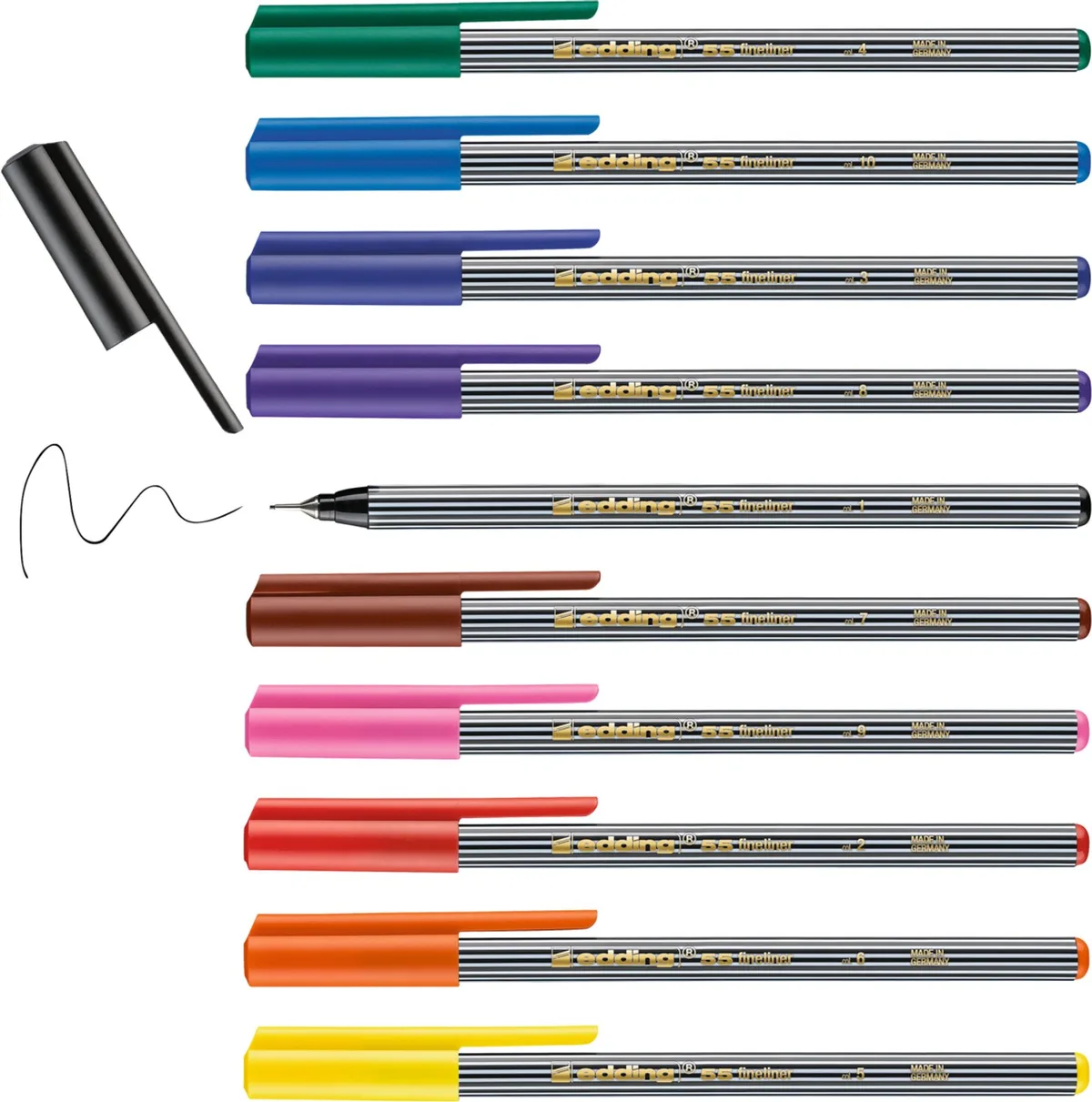 edding 55 fineliner - set met 10 heldere kleuren - punt 0,3 mm - kleurstift om te schrijven, kleuren, accentueren, illustreren - voor kinderen en volwassenen, school, thuiswerkplek, kantoor van edding in Zwart, Rood, Blauw, Groen, Geel, Oranje, Bruin, Paars, Roze, Lichtblauw – productfoto
