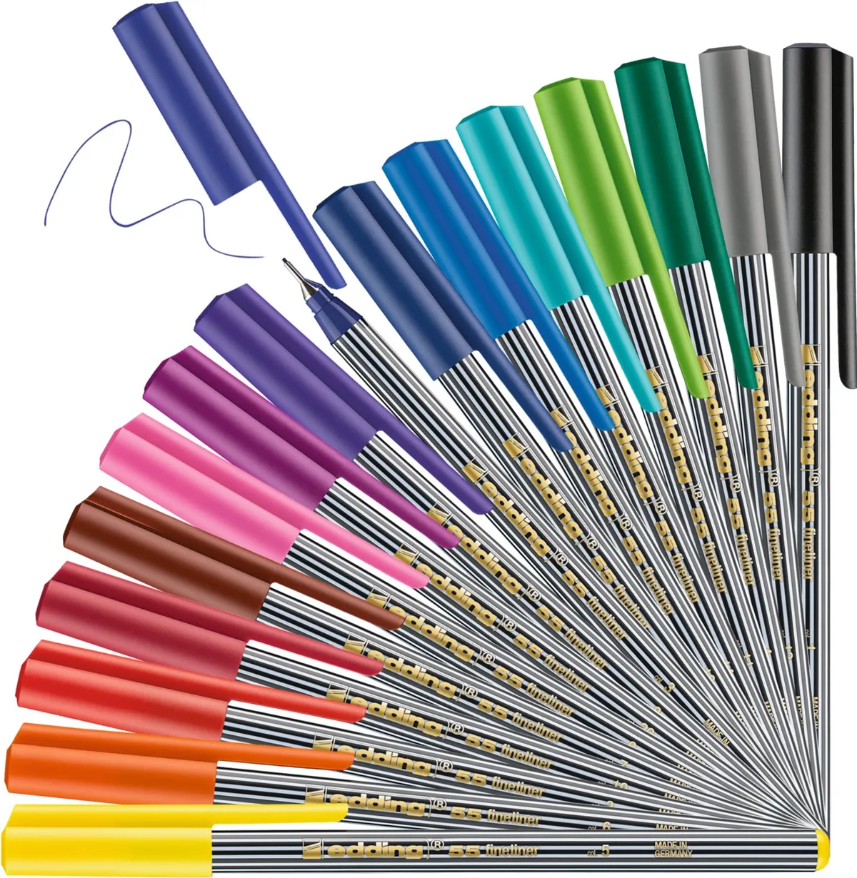 edding 55 - fineliner - set met 16 heldere kleuren - punt 0,3 mm - kleurstift om te schrijven, kleuren, accentueren, illustreren - voor kinderen en volwassenen, school, thuiswerkplek, kantoor van edding in Meerkleurig – productfoto