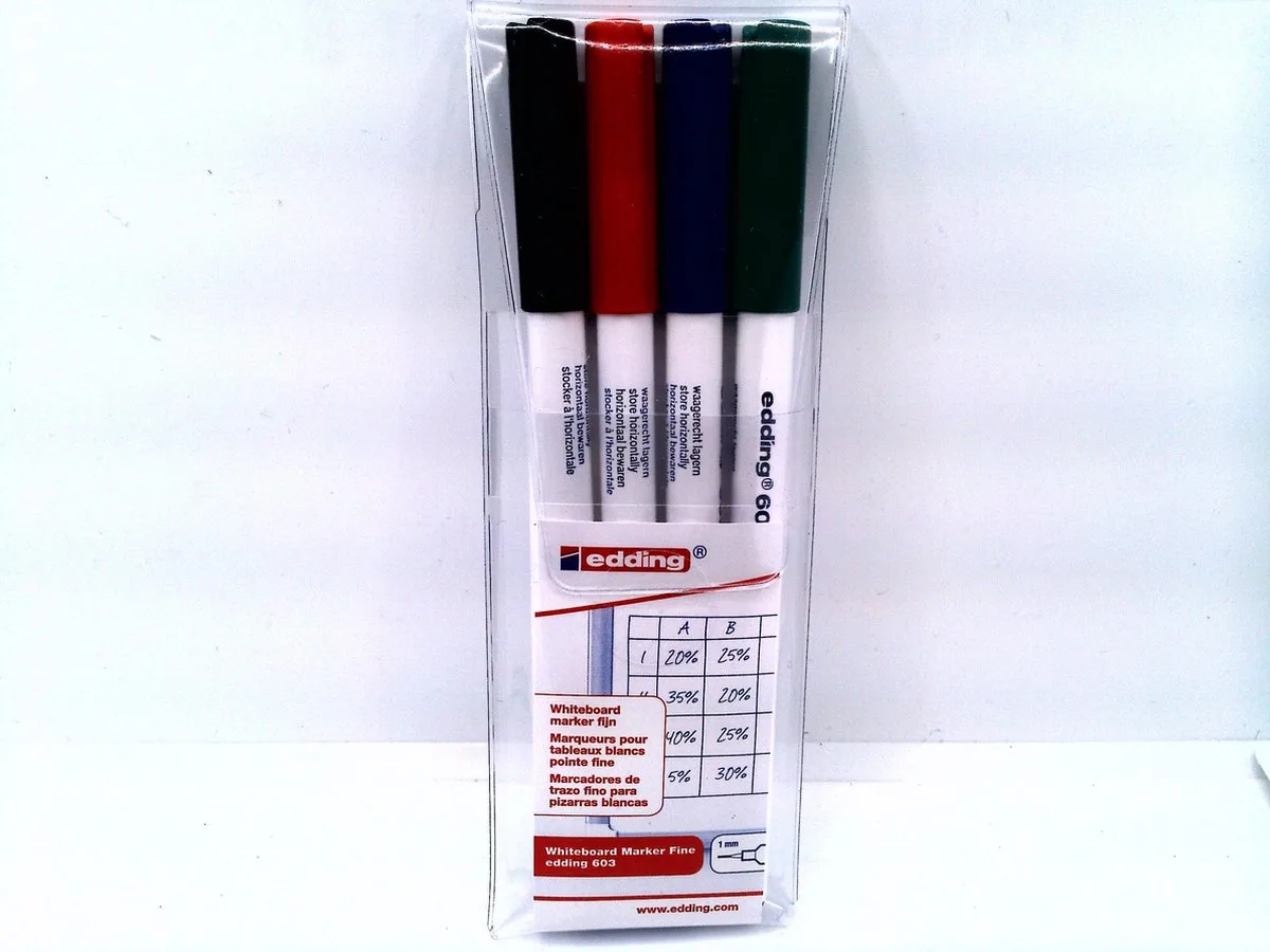 Edding 603 whiteboard marker fijn (1mm) - 4 stuks (zwart, rood, blauw en groen) van edding in Zwart, Rood, Blauw, Groen – productfoto